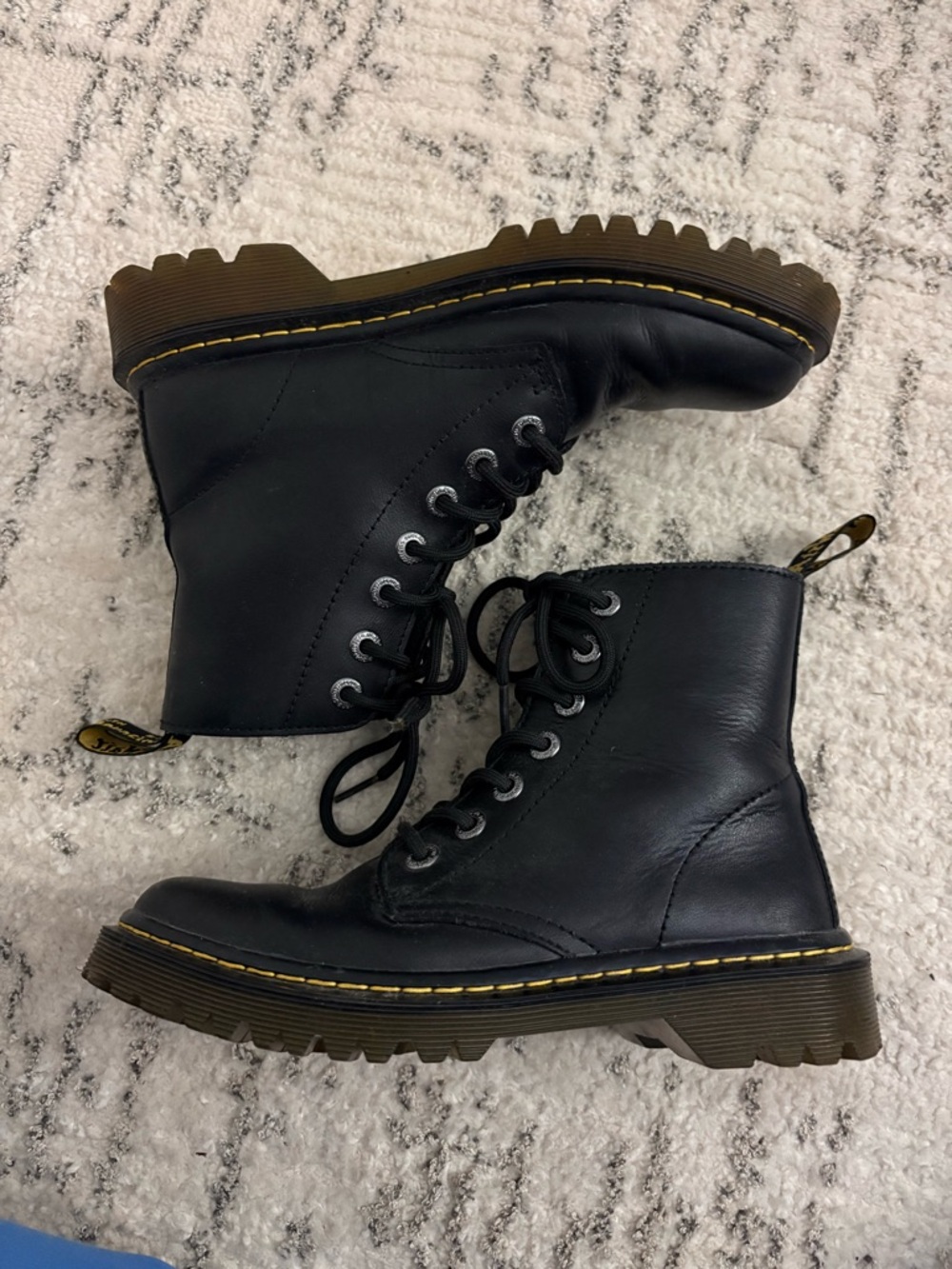 Dr. Martens Black Lace-Up Combat Boots with Yellow Welt Stitch